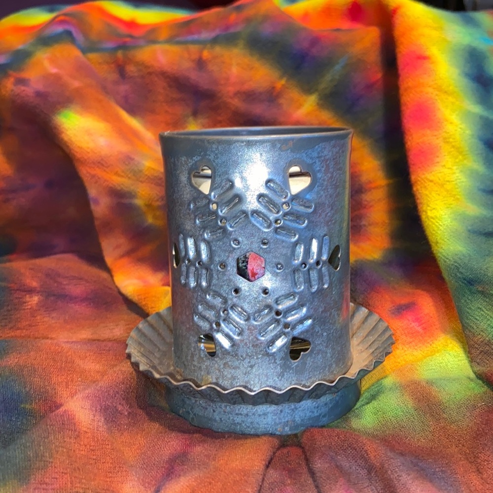 PIERCED TIN CANDLE HOLDER WITH GLASS INSERT AND CANDLE